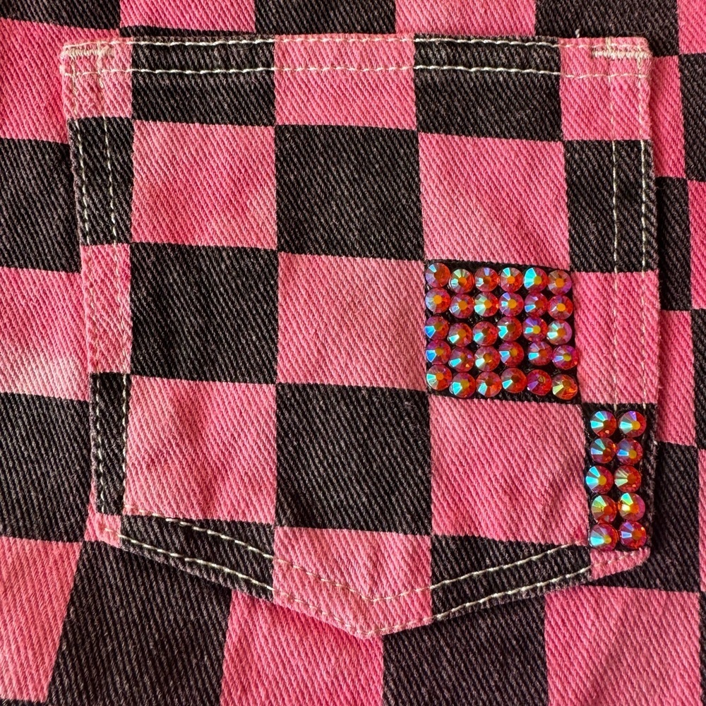 Y2K Pink Checkerboard Denim Mini Skirt Ring Zip Punk Indie Sleaze Street Style - Picture 7 of 11